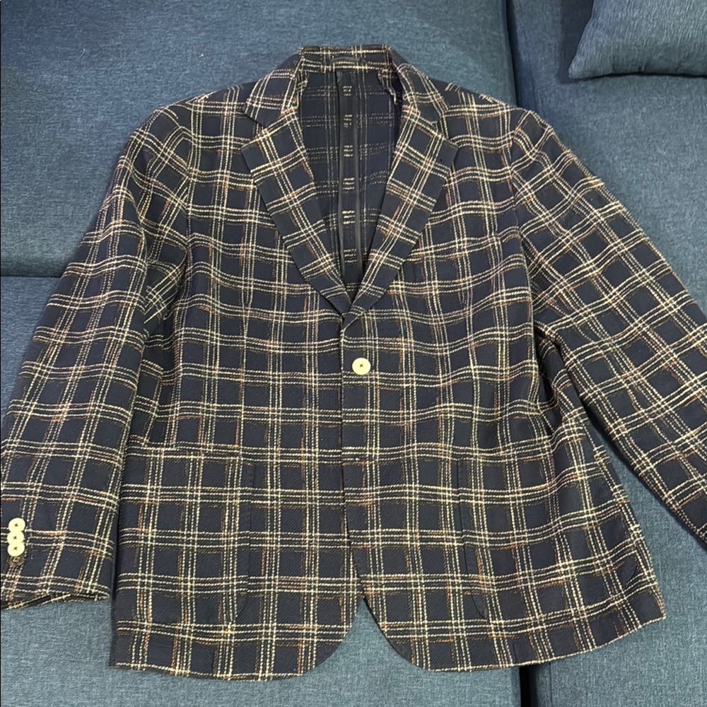 Cutter & Buck Tan and Blue Sport Coat with Plaid Pattern